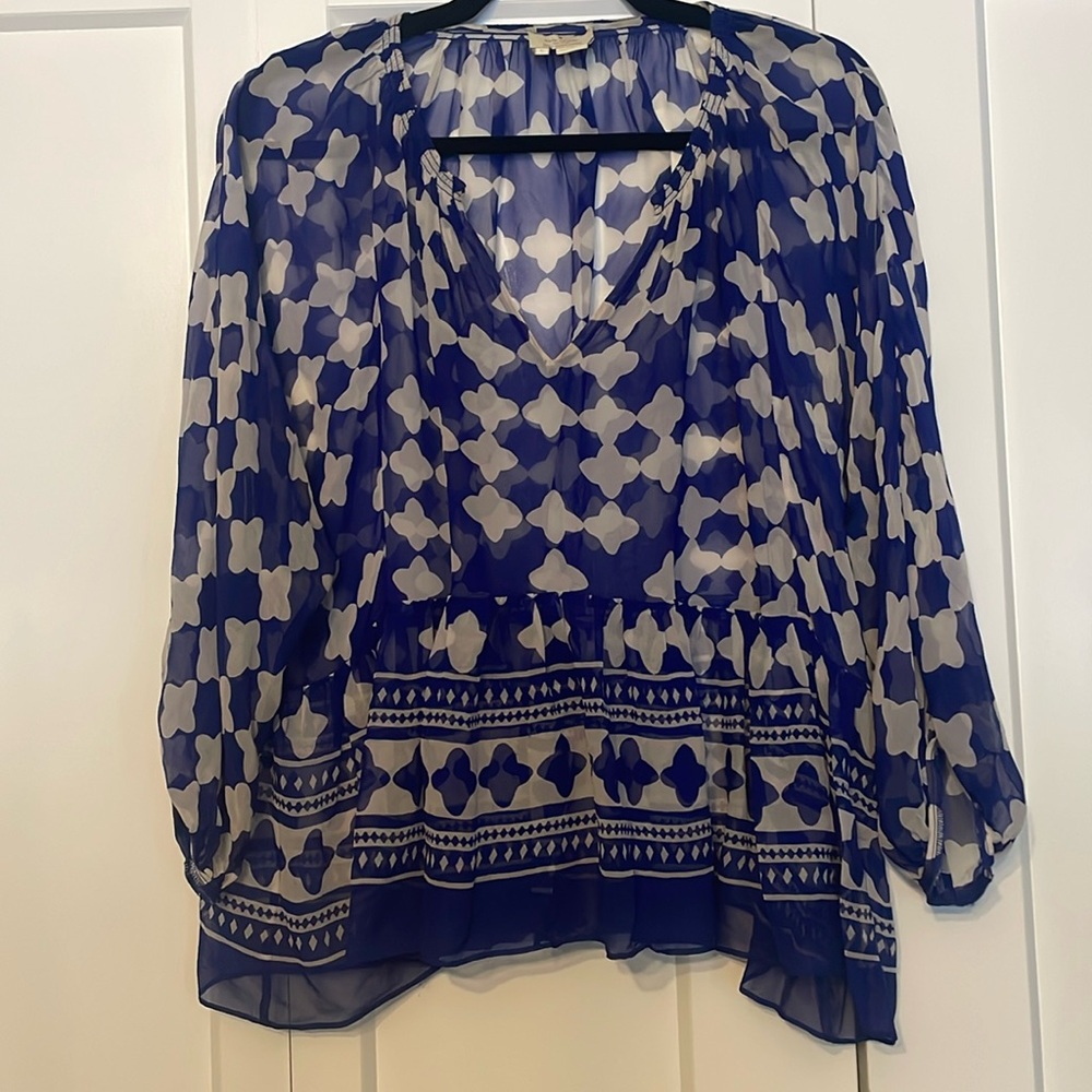 Kate Spade 100% Silk Blue and White Sheer Top Size L